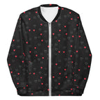 Unisex white bomber jacket with speckled diamond pattern from Daemon Luxury's NEMESIS collection, front view.