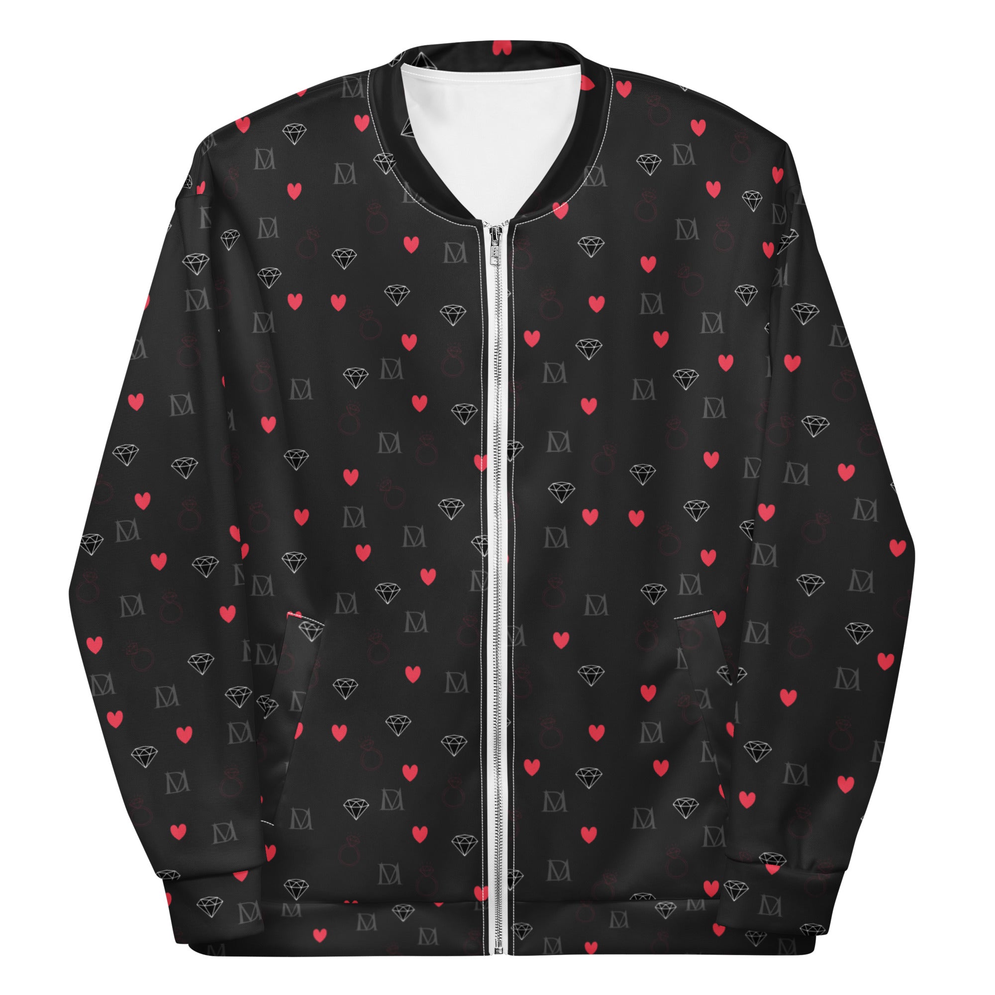 Unisex white bomber jacket with speckled diamond pattern from Daemon Luxury's NEMESIS collection, front view.