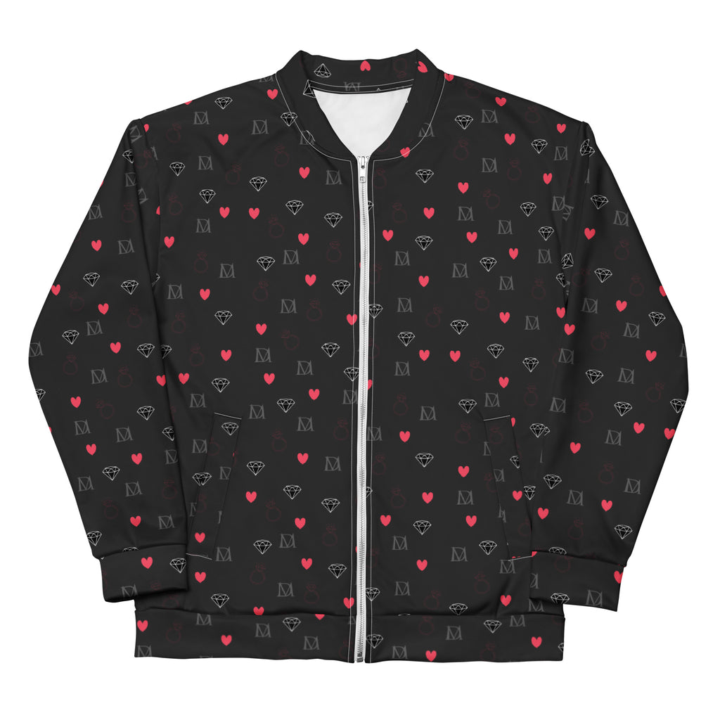 Unisex bomber jacket with all-over speckled diamond pattern in white, by Daemon Luxury, showcasing front view.