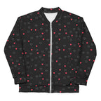 Unisex bomber jacket with all-over speckled diamond pattern in white, by Daemon Luxury, showcasing front view.