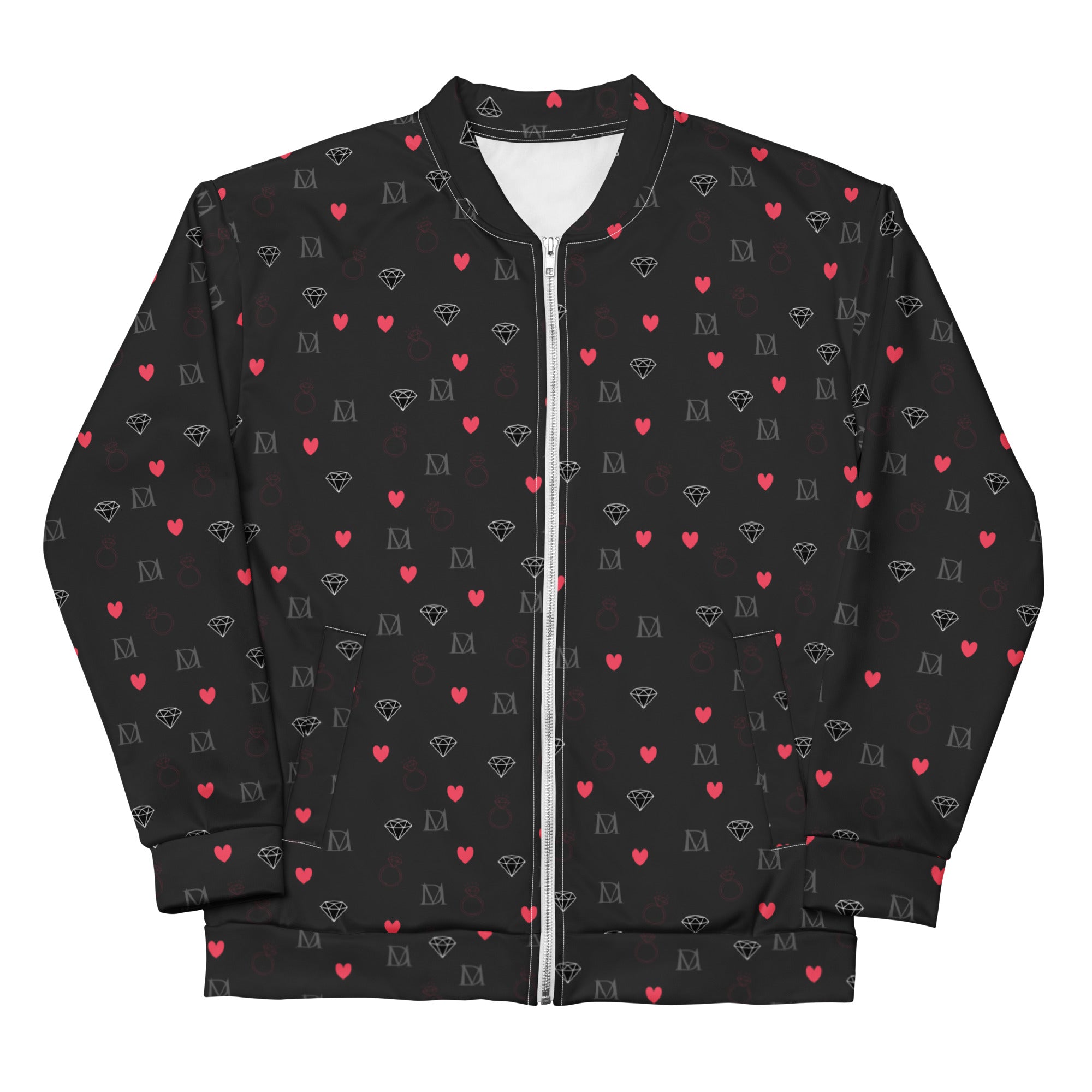 Unisex bomber jacket with all-over speckled diamond pattern in white, by Daemon Luxury, showcasing front view.