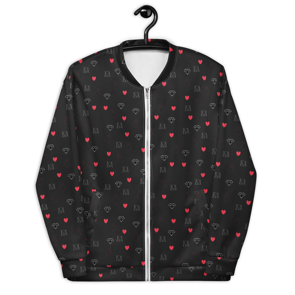 Unisex white bomber jacket with speckled diamond pattern from Daemon Luxury's NEMESIS collection, front view.