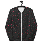 Unisex white bomber jacket with speckled diamond pattern from Daemon Luxury's NEMESIS collection, front view.