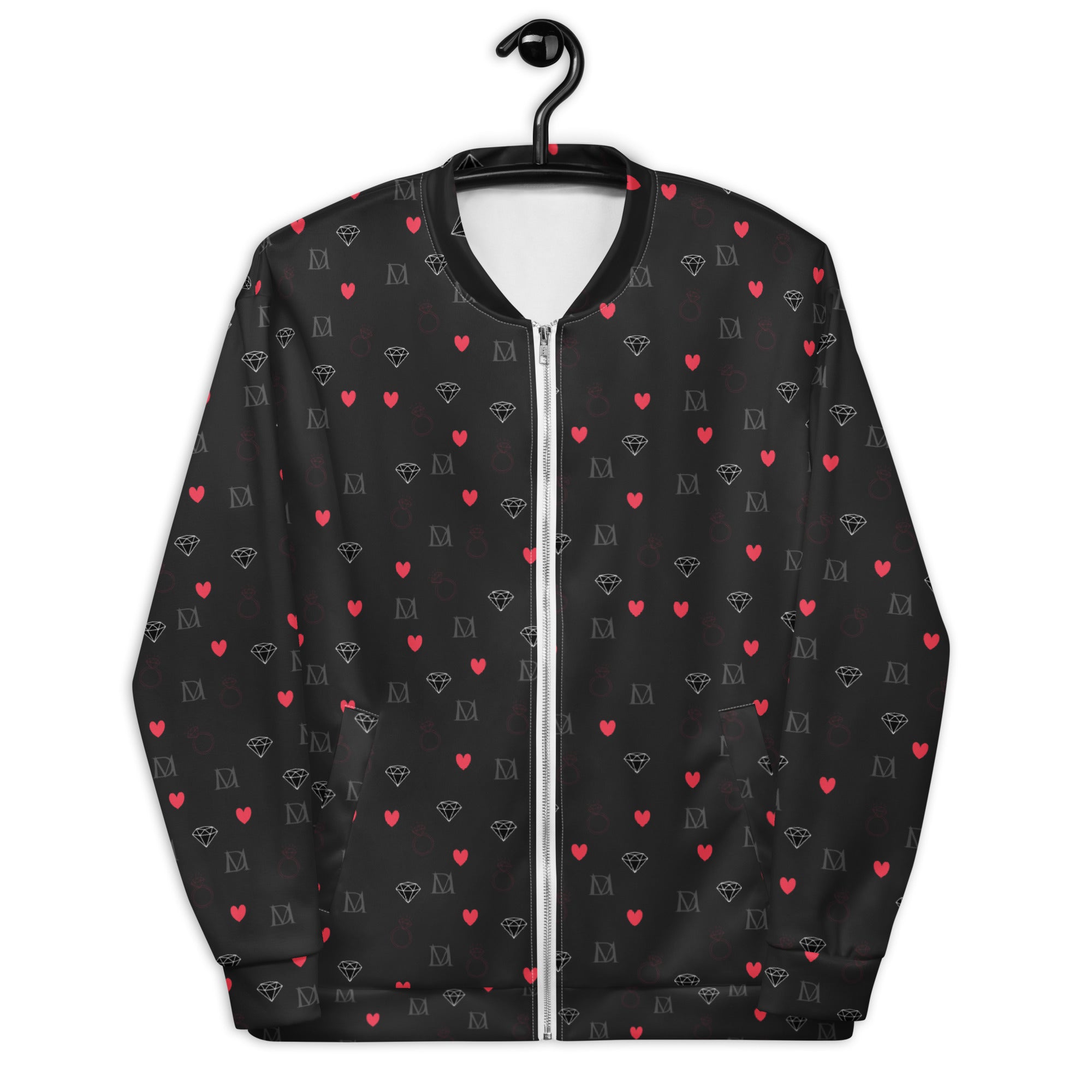 Unisex white bomber jacket with speckled diamond pattern from Daemon Luxury's NEMESIS collection, front view.