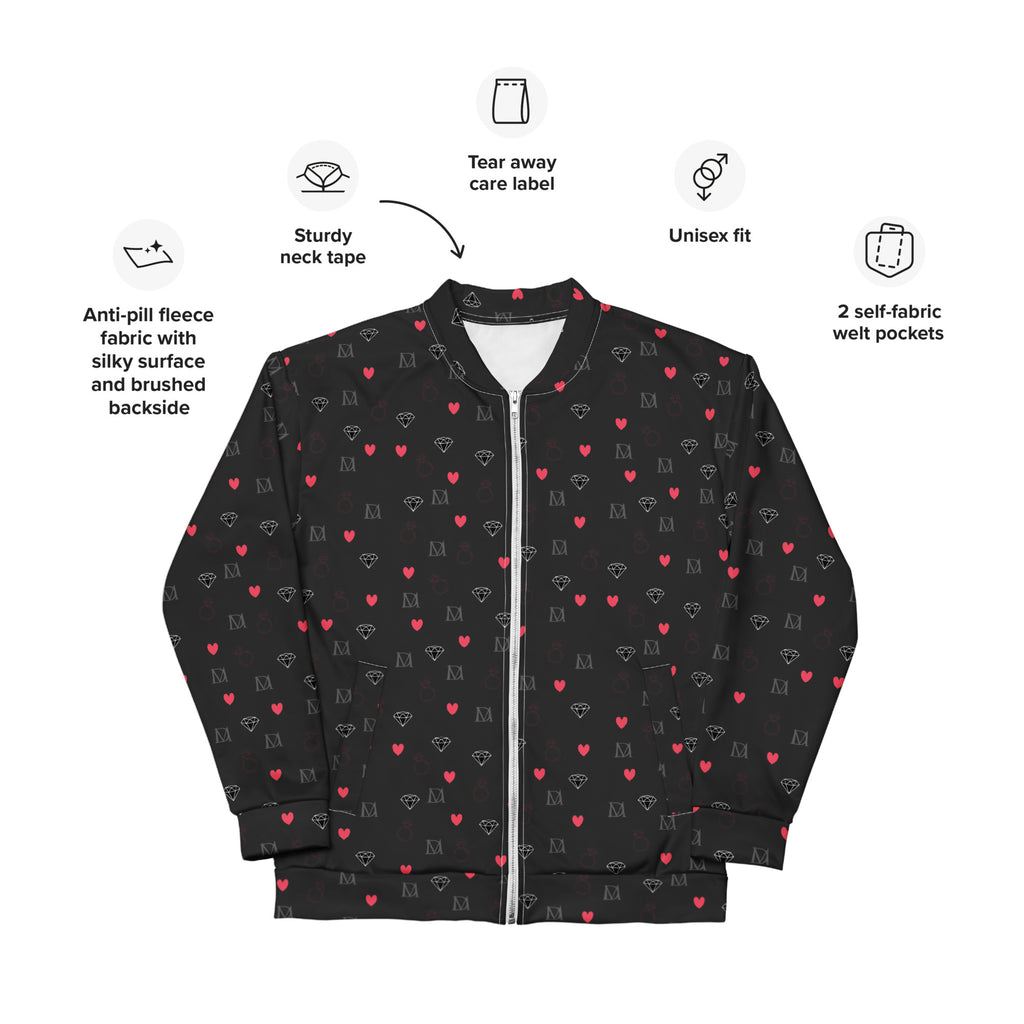 Unisex white bomber jacket featuring speckled diamond pattern design from Daemon Luxury's NEMESIS collection.