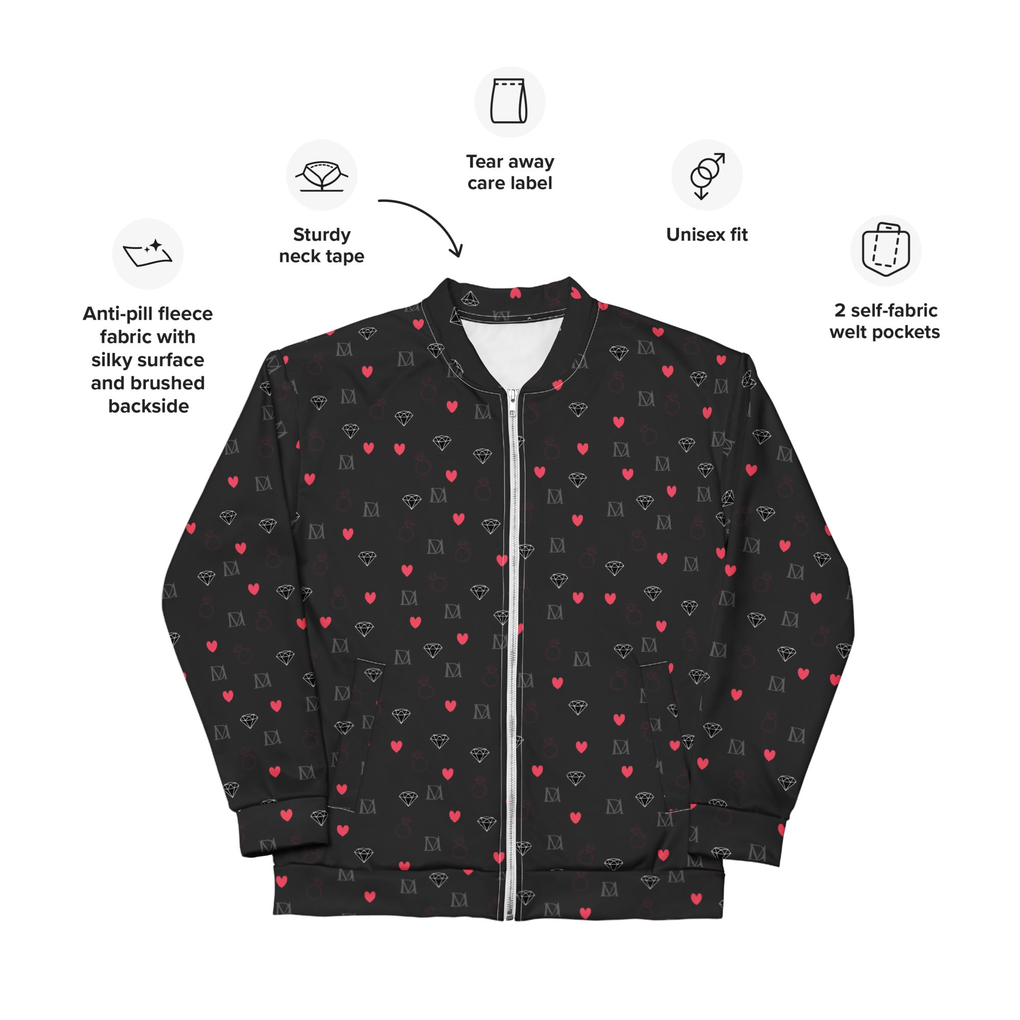 Unisex white bomber jacket featuring speckled diamond pattern design from Daemon Luxury's NEMESIS collection.