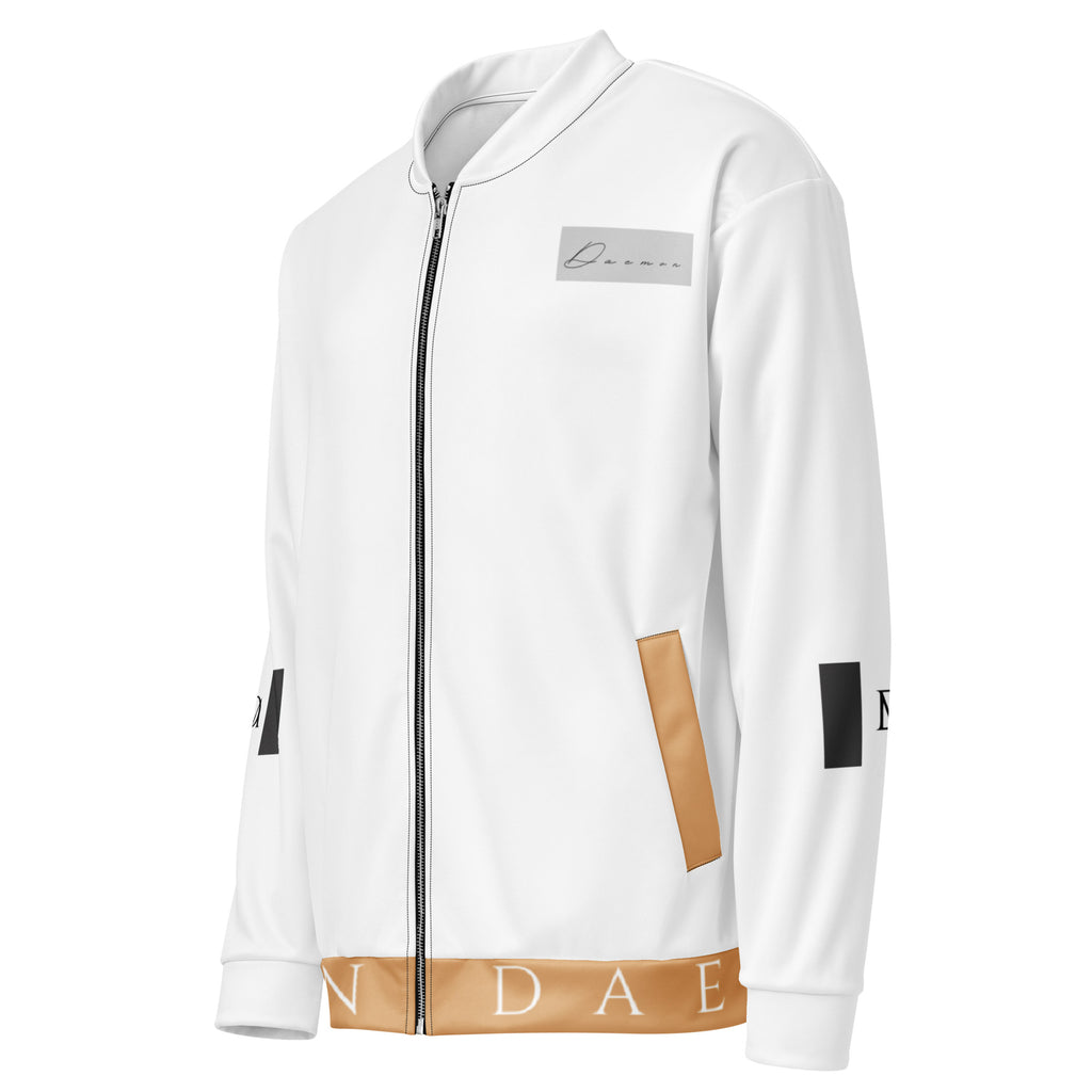 All-over print Daemon More Love unisex bomber jacket in white, front view showing vibrant design and casual style.