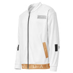 All-over print Daemon More Love unisex bomber jacket in white, front view showing vibrant design and casual style.