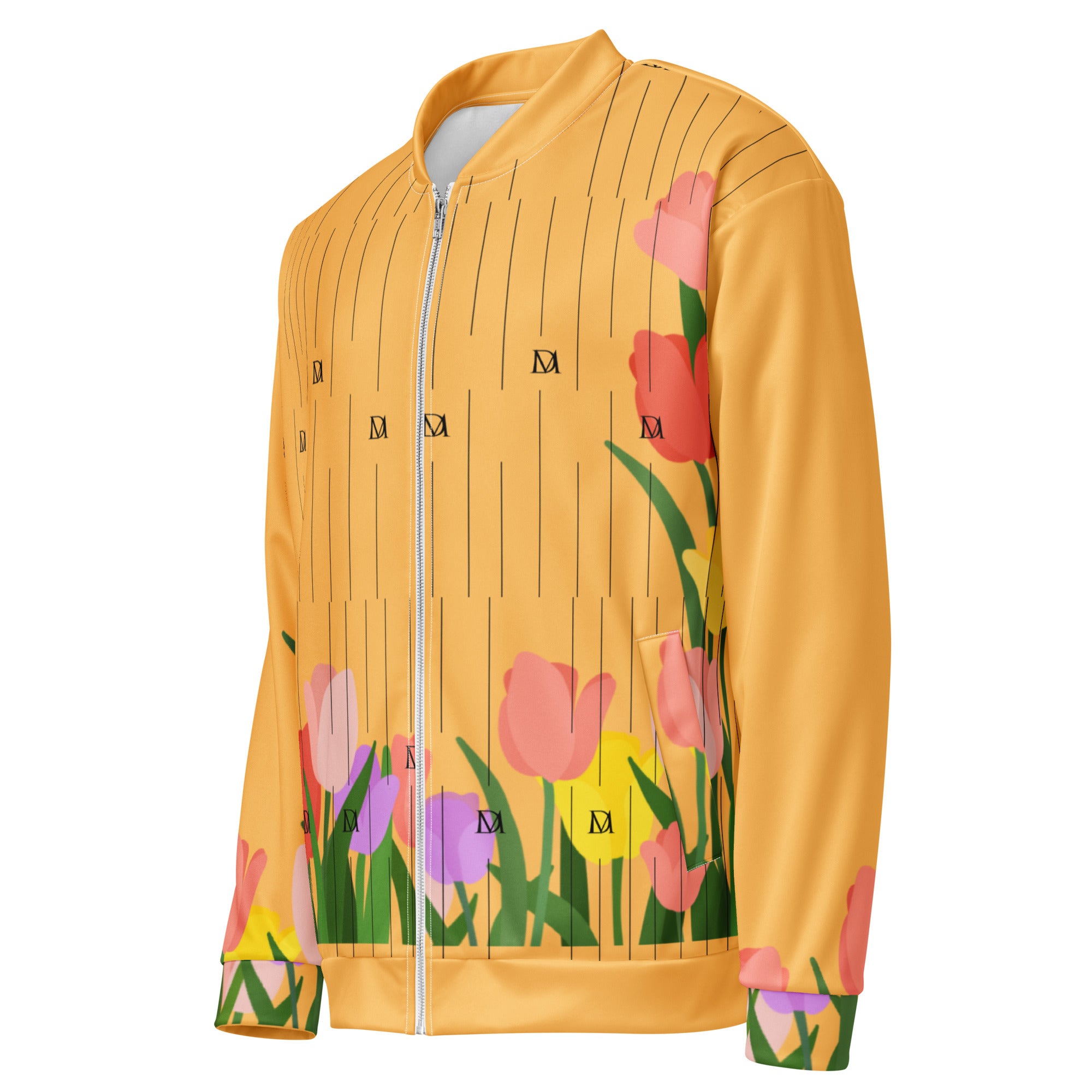Unisex white bomber jacket featuring all-over-print design inspired by ST. Francis Bliss Fuoco Cosmica by Daemon.