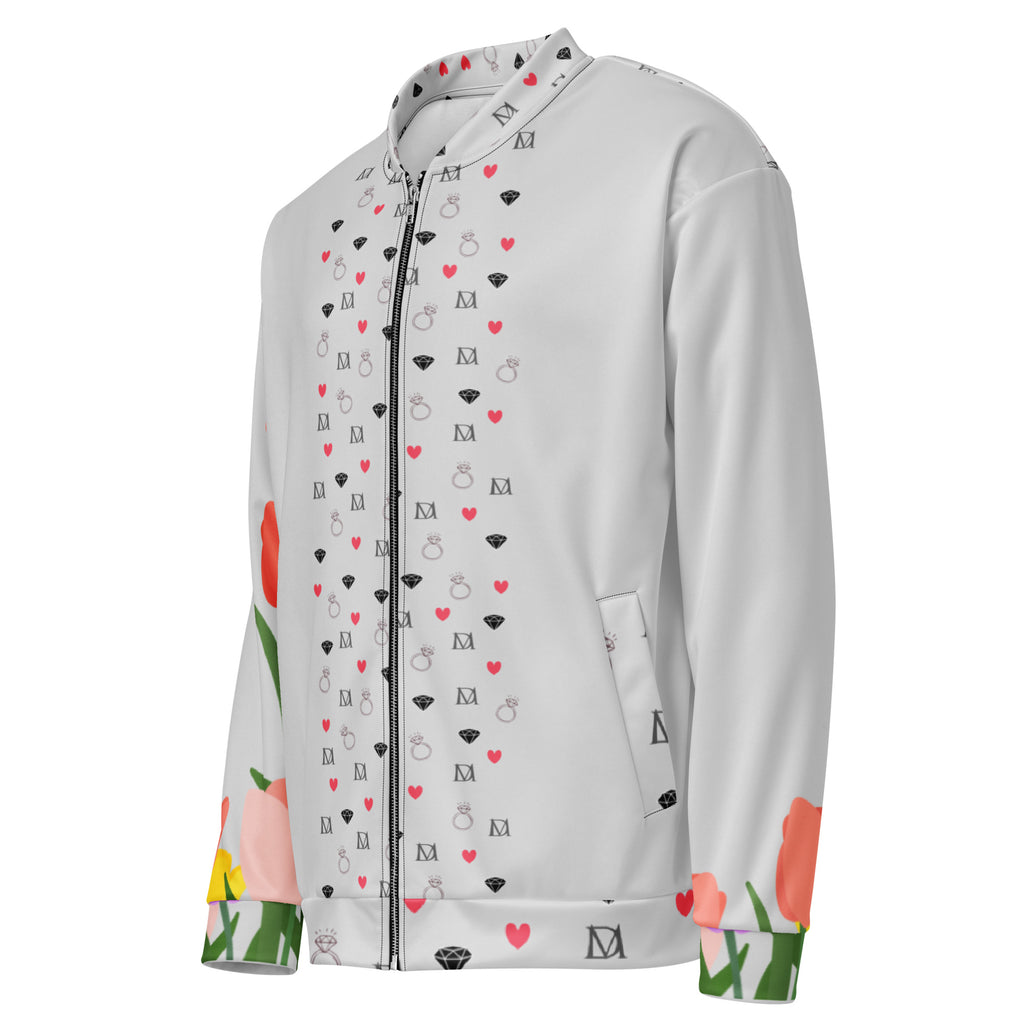 Daemon Speckled Diamonds Nardo Gardens unisex bomber jacket with all-over white print, stylish and lightweight.