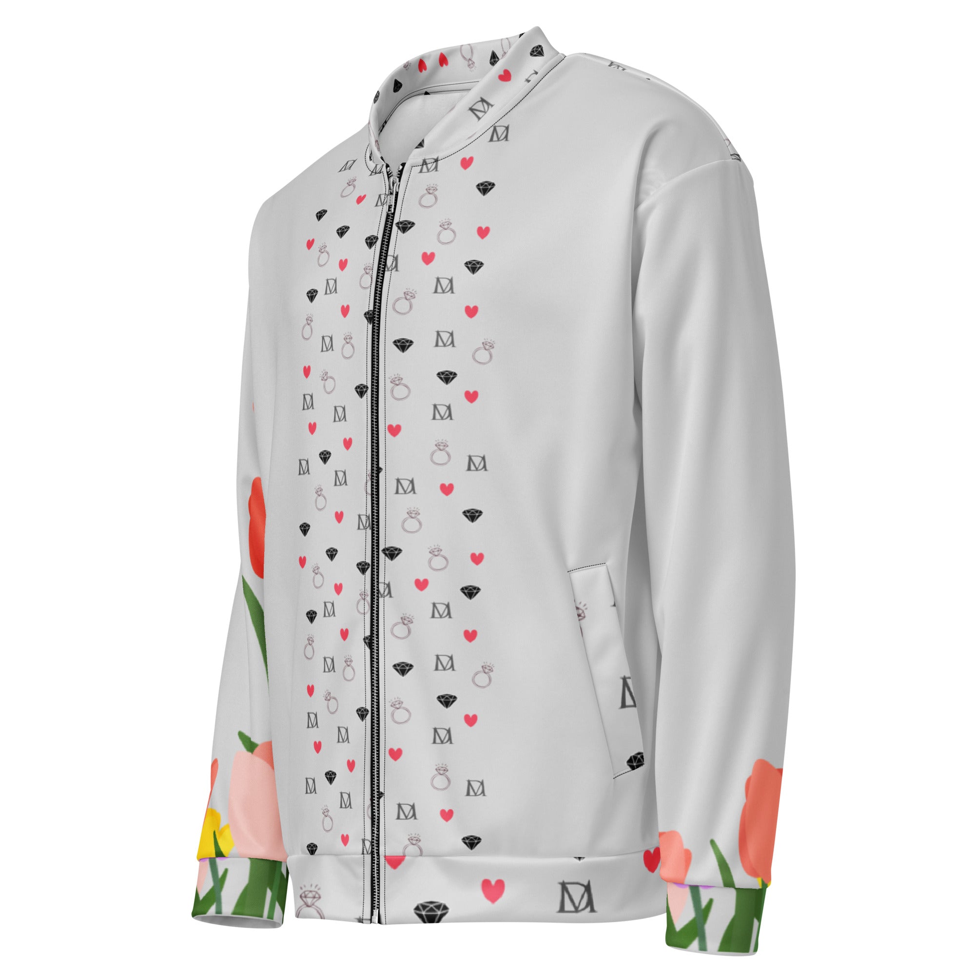 Daemon Speckled Diamonds Nardo Gardens unisex bomber jacket with all-over white print, stylish and lightweight.