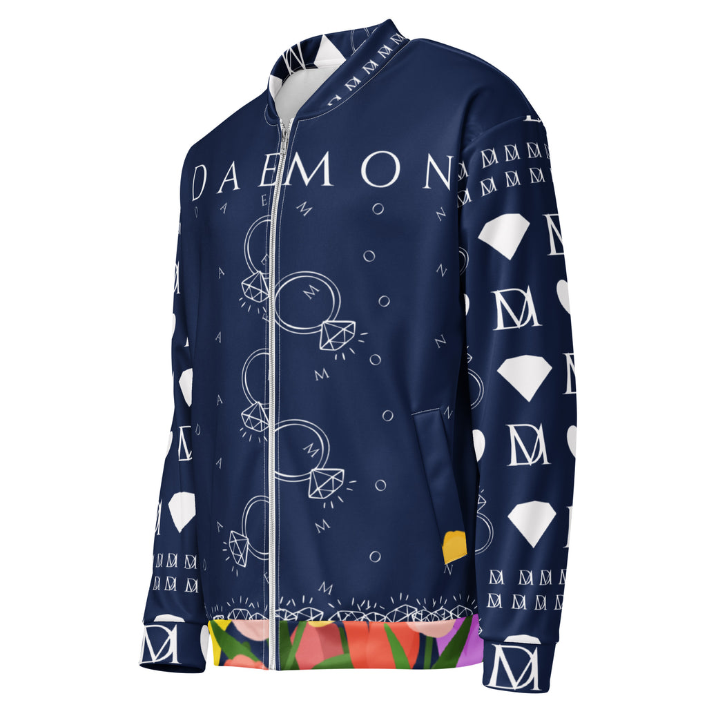 Daemon Rings of Transition Cappotto unisex bomber jacket in white with all-over print, front view showing detailed design.