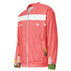 Daemon SACHI BANS Gardena unisex white bomber jacket with all-over print, showing the left front view.