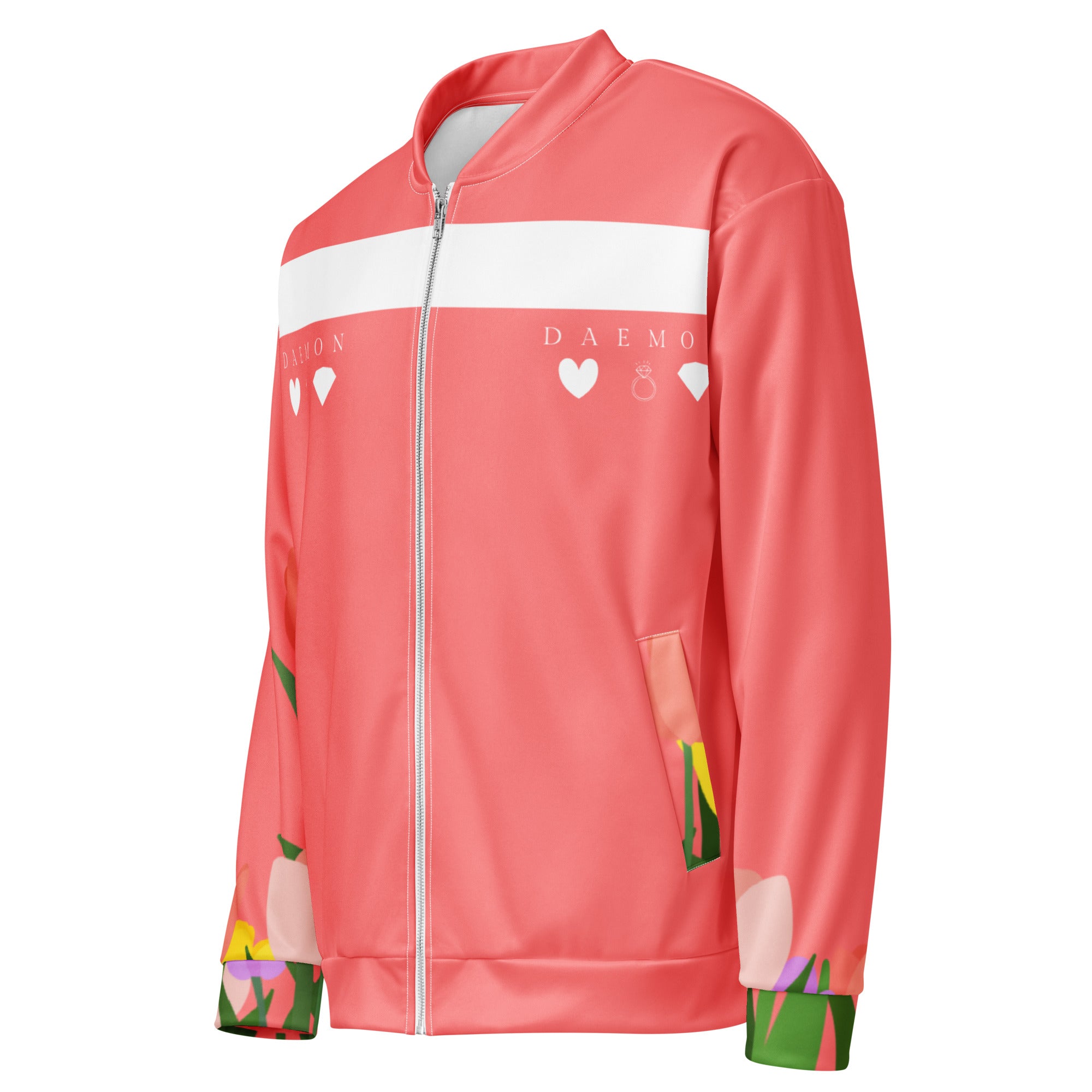 Daemon SACHI BANS Gardena unisex white bomber jacket with all-over print, showing the left front view.