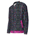 Unisex white bomber jacket with all-over Picasso Mirrors magnetic reflections print, stylish Daemon Luxury fashion piece.