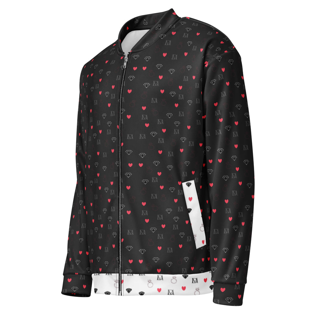 Daemon Luxury Diamanti Maculati Ombra unisex bomber jacket with all-over white print, front view showcasing stylish design.