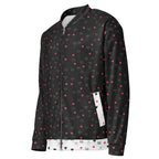 Daemon Luxury Diamanti Maculati Ombra unisex bomber jacket with all-over white print, front view showcasing stylish design.