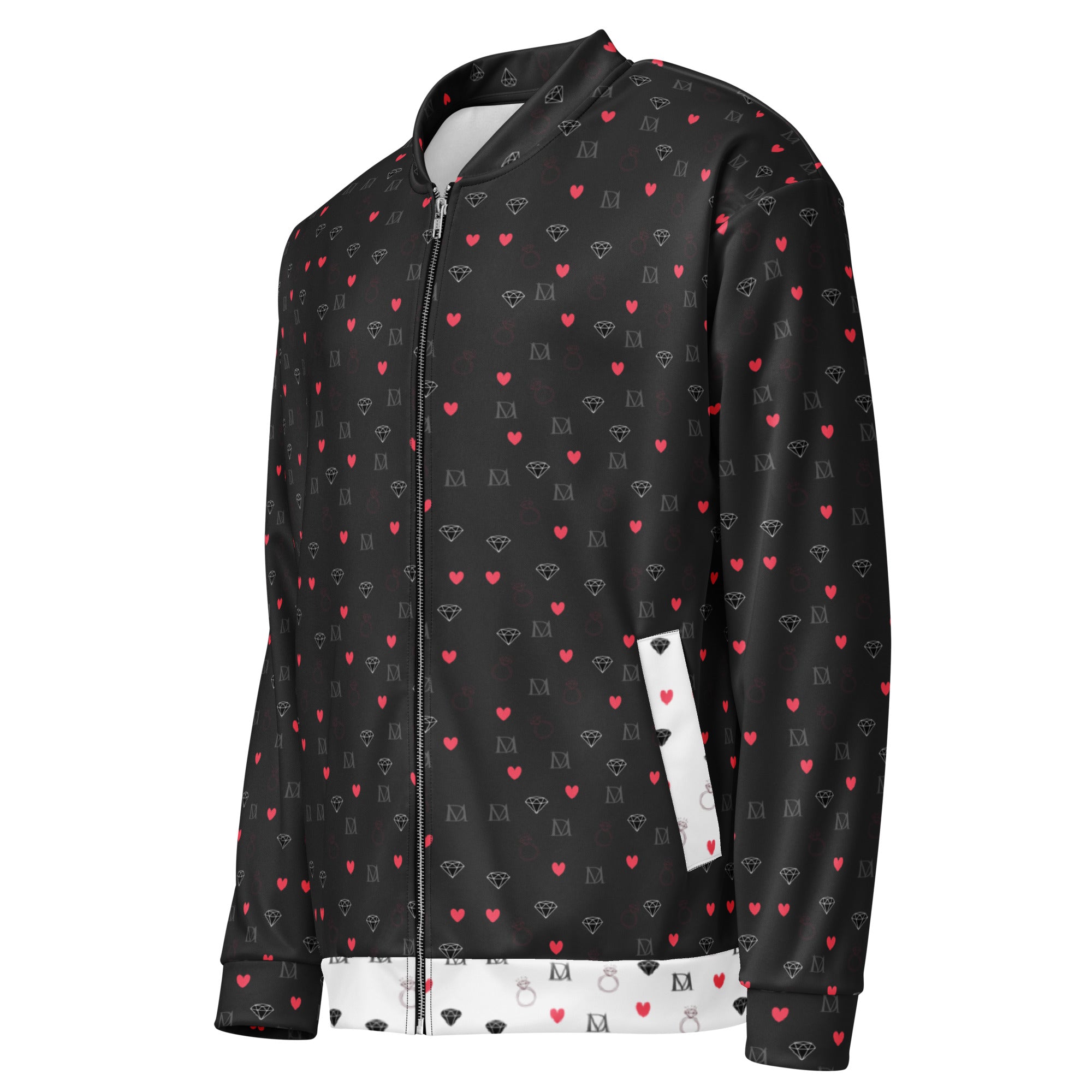 Daemon Luxury Diamanti Maculati Ombra unisex bomber jacket with all-over white print, front view showcasing stylish design.