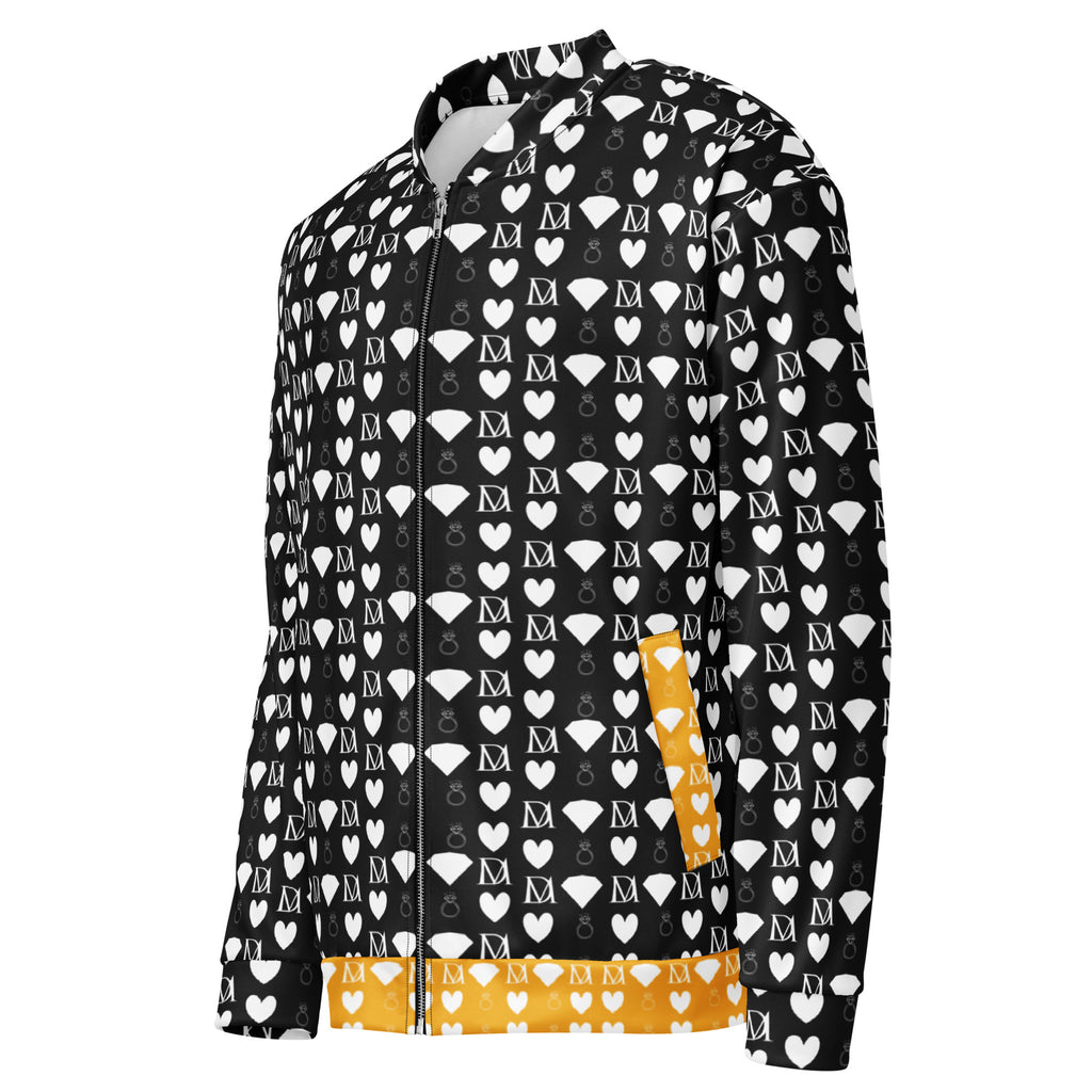 Unisex white bomber jacket with all-over frosted diamond print by Daemon Luxury, featuring a stylish design on the left front.