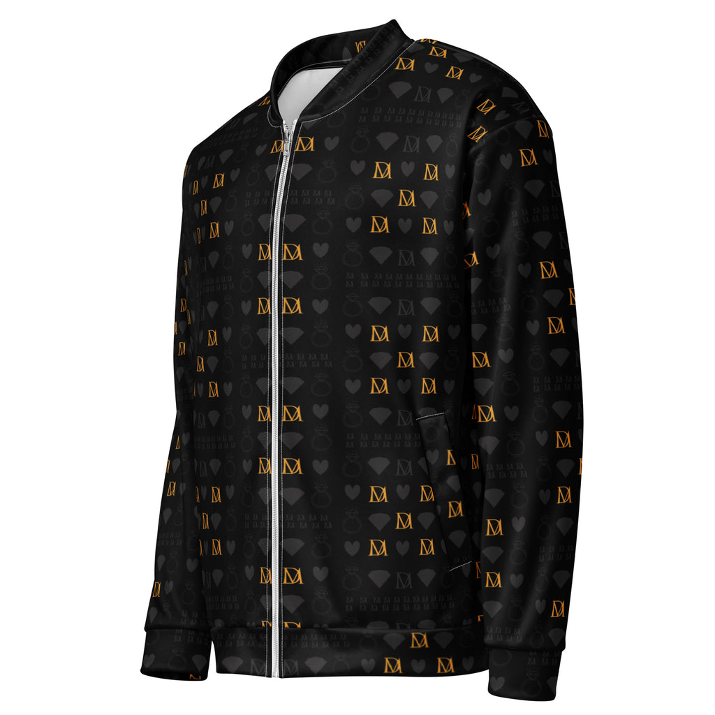 Unisex bomber jacket with all-over frosted diamond print in gold on a white background, by Daemon Luxury.