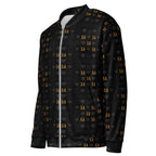 Unisex bomber jacket with all-over frosted diamond print in gold on a white background, by Daemon Luxury.