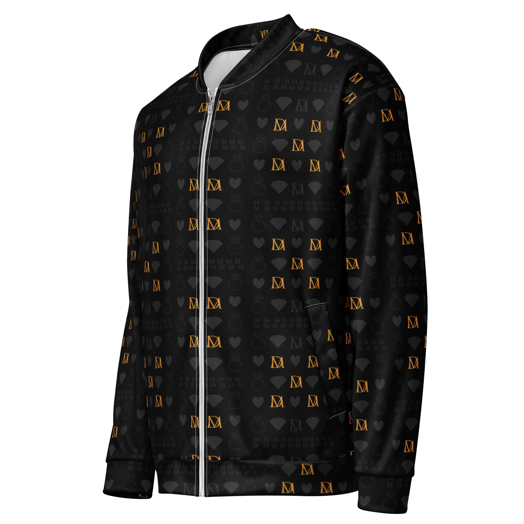 Unisex bomber jacket with all-over frosted diamond print in gold on a white background, by Daemon Luxury.