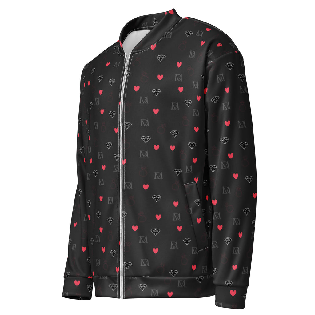 Unisex Daemon Luxury Speckled Diamonds NEMESIS Cappotto bomber jacket with all-over white print, front view.