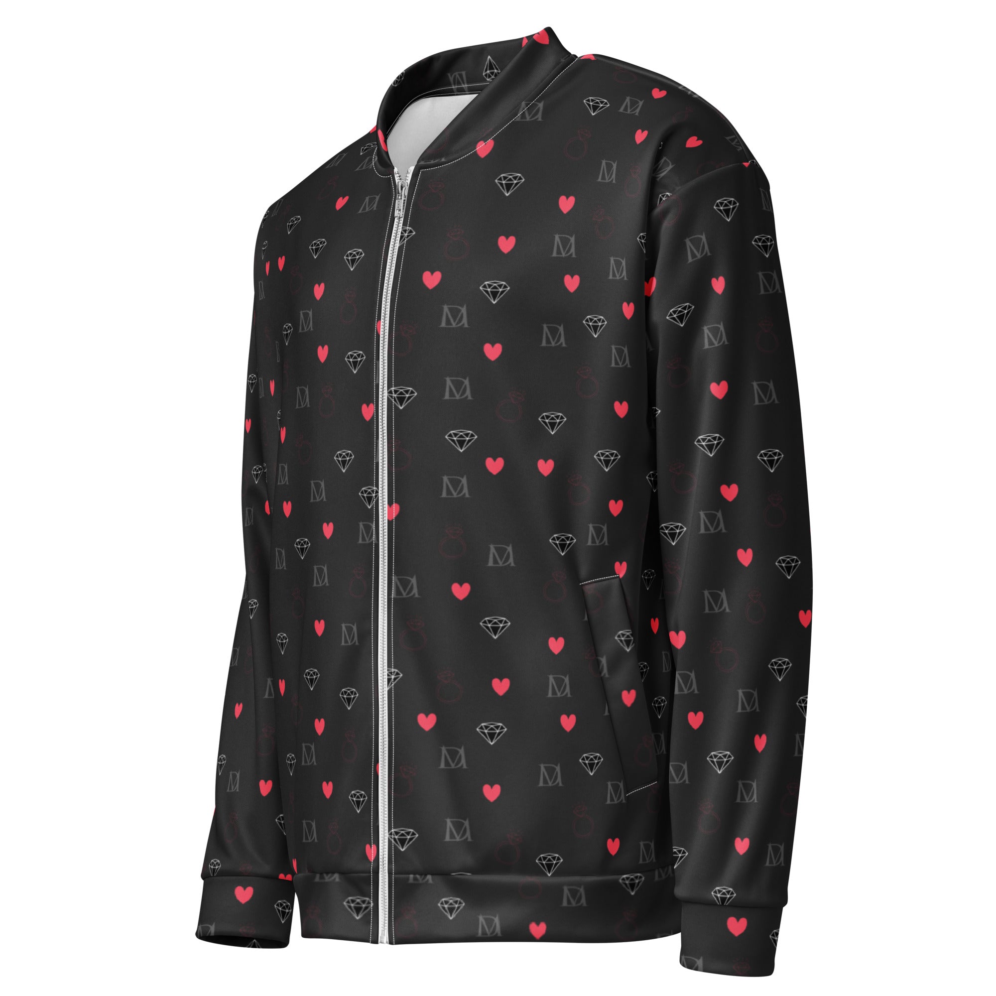 Unisex Daemon Luxury Speckled Diamonds NEMESIS Cappotto bomber jacket with all-over white print, front view.