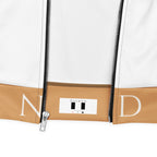 All-over-print white unisex bomber jacket by Daemon from the More Love collection, featuring a bold graphic design.