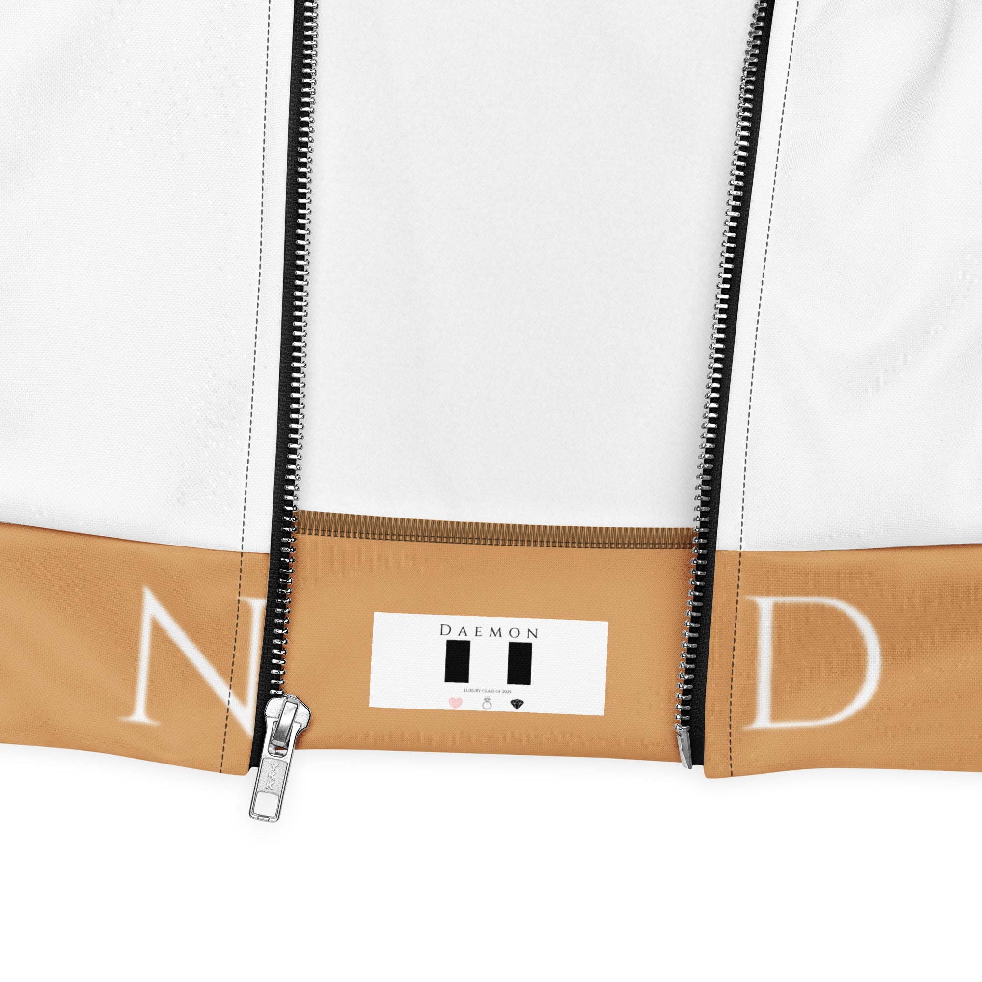 All-over-print white unisex bomber jacket by Daemon from the More Love collection, featuring a bold graphic design.