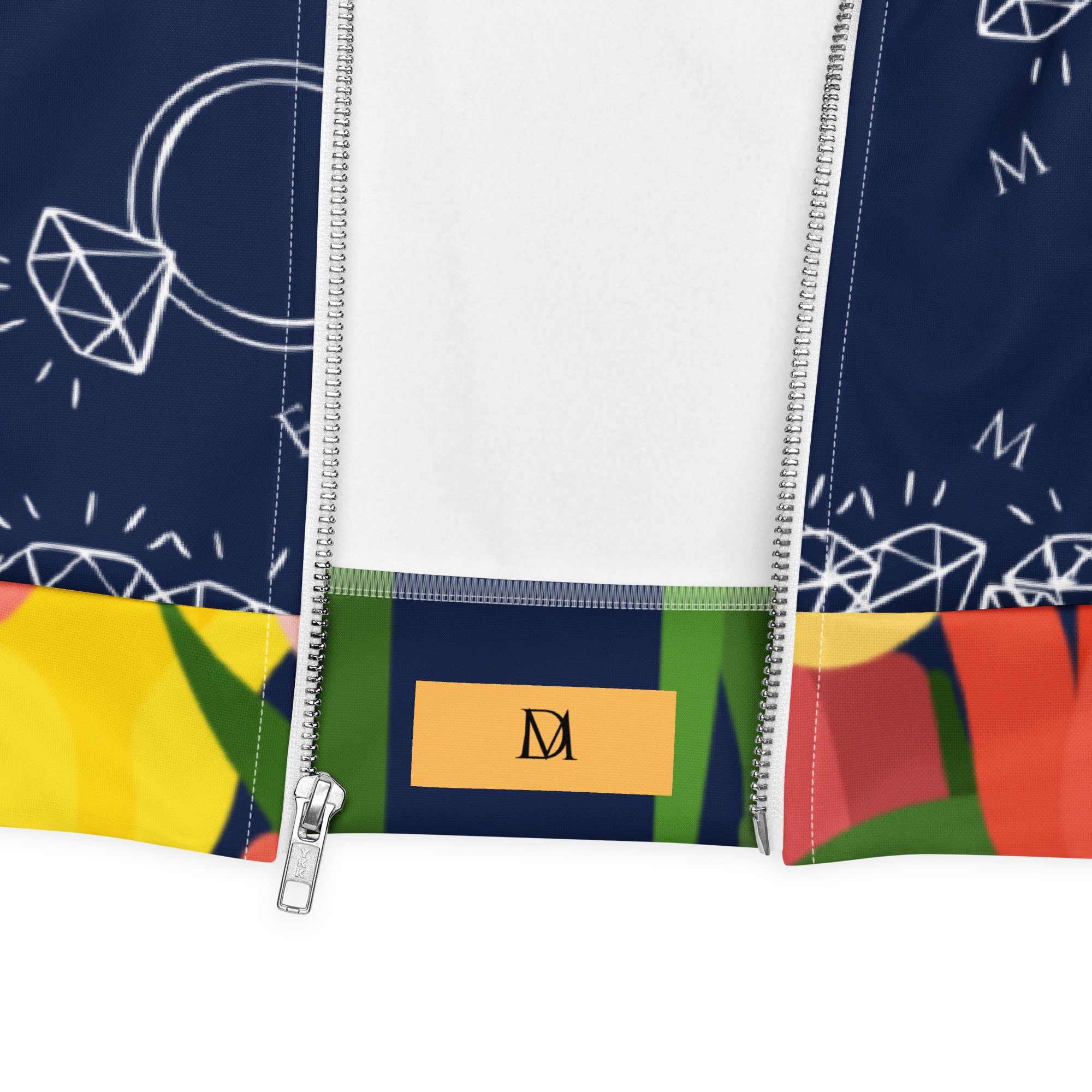 Unisex white bomber jacket with all-over print featuring Rings of Transition design by Daemon.