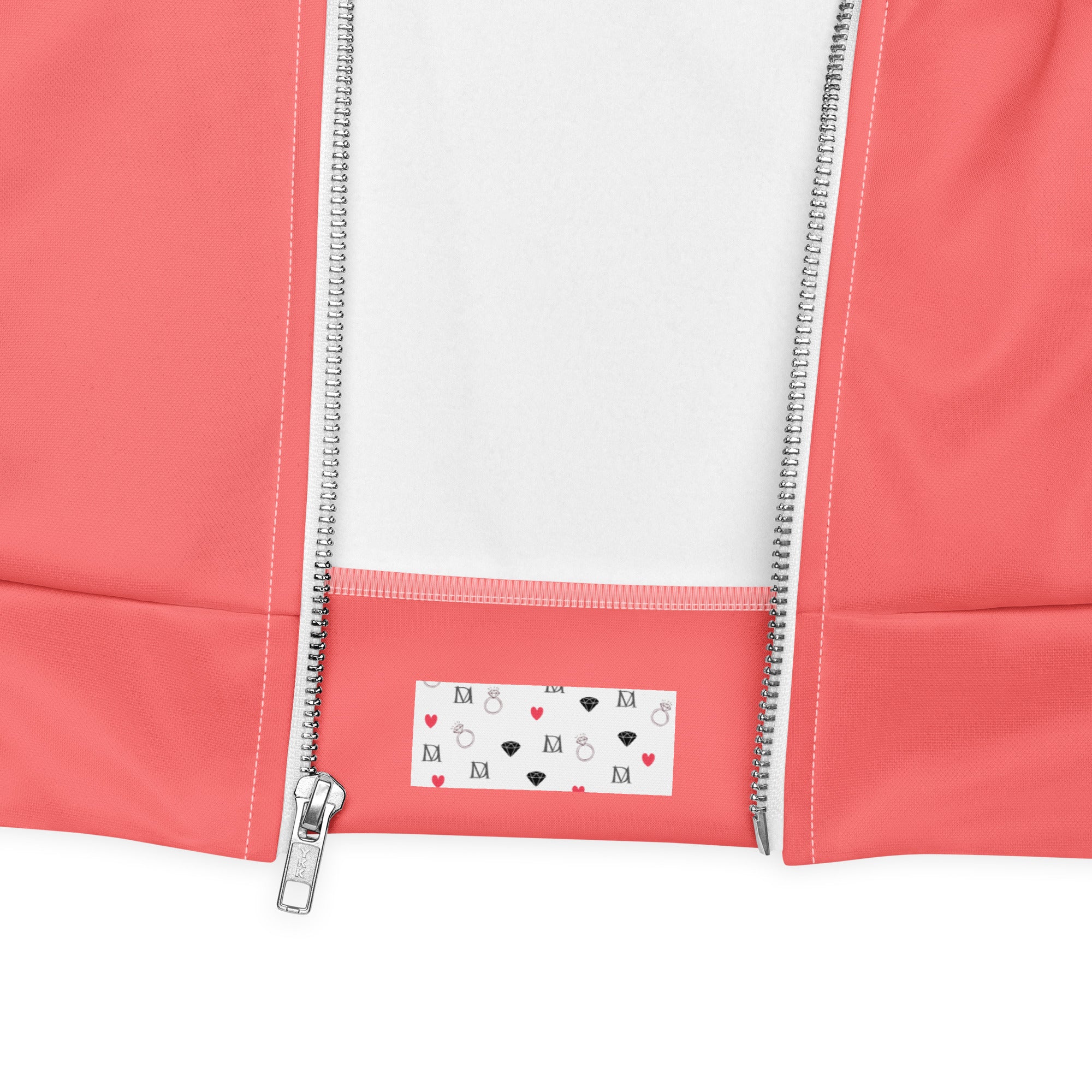 Daemon SACHI BANS Gardena unisex bomber jacket with all-over white print, stylish and comfortable casual outerwear.