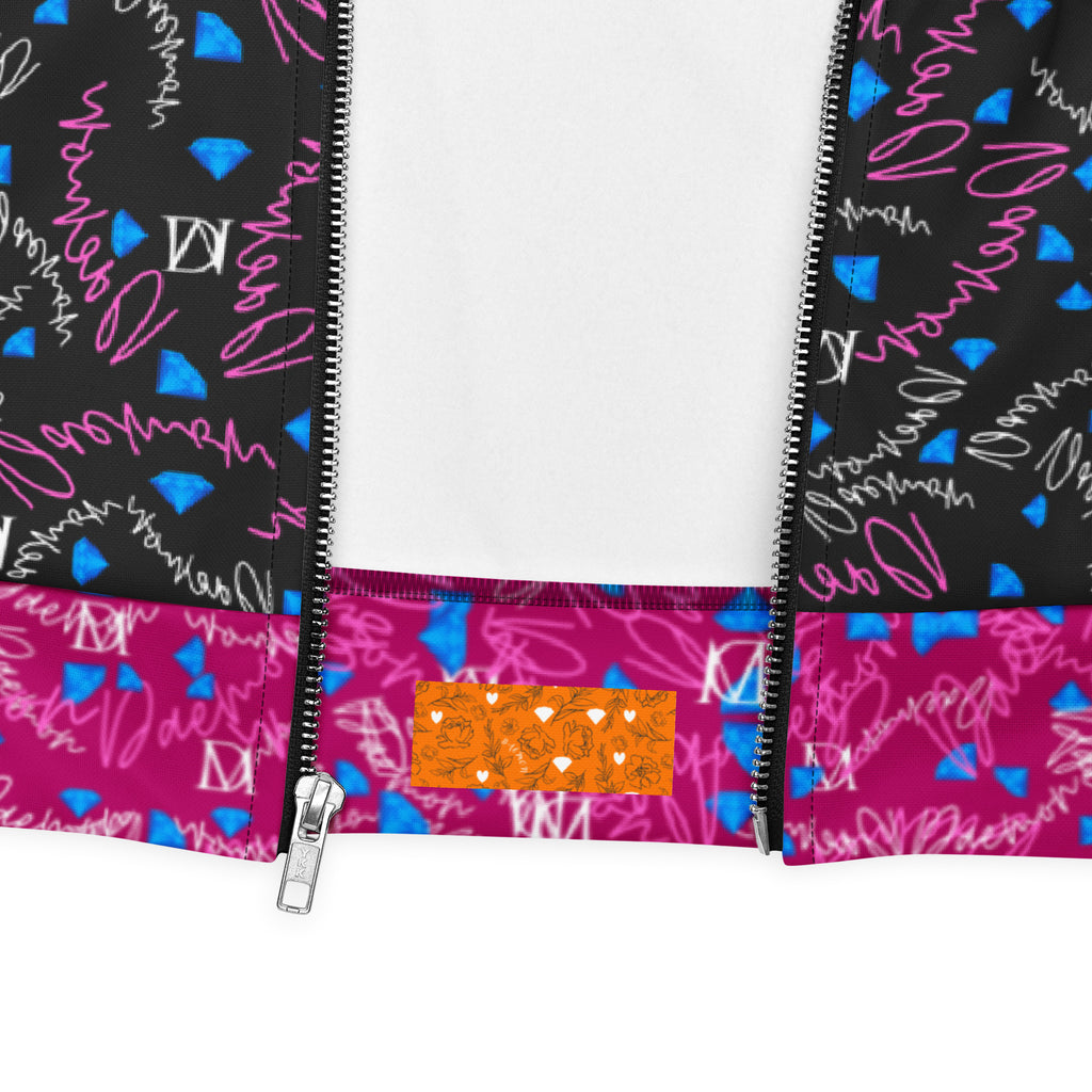 Unisex white bomber jacket with all-over Picasso-inspired magnetic reflection print by Daemon Luxury.