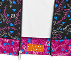 Unisex white bomber jacket with all-over Picasso-inspired magnetic reflection print by Daemon Luxury.