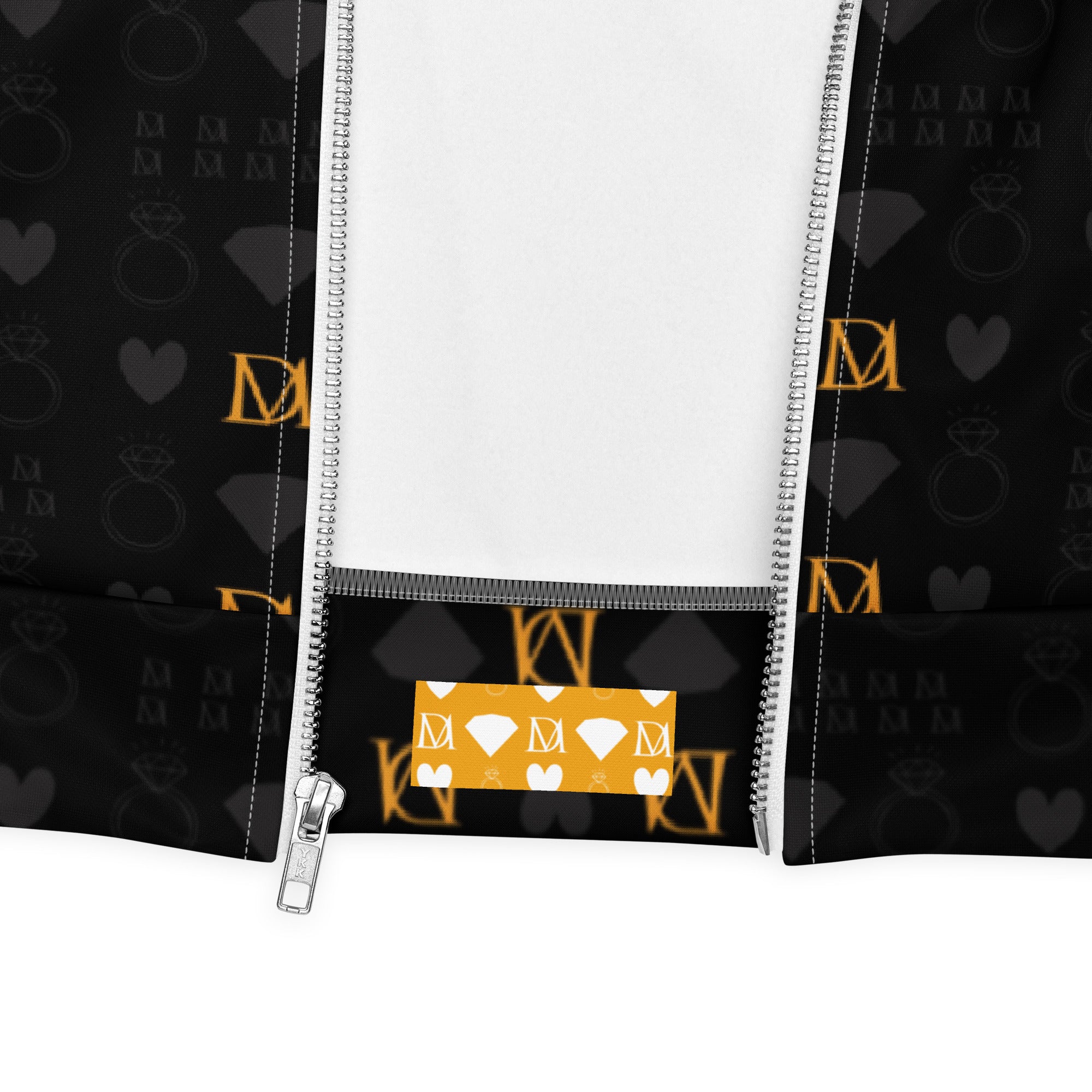 Unisex bomber jacket with all-over frosted diamond gold tender print by Daemon Luxury on white fabric.