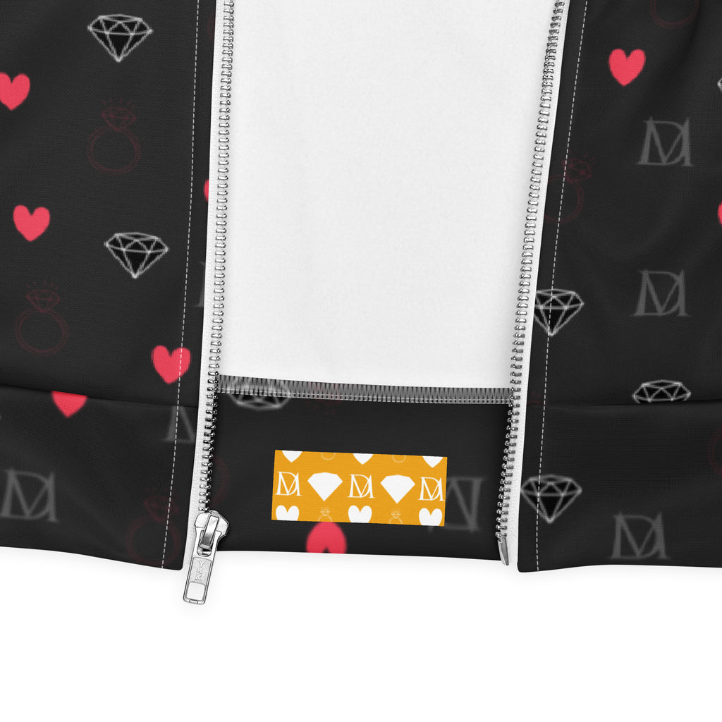 Unisex bomber jacket with speckled diamond pattern in white, featuring a stylish all-over print by Daemon Luxury.