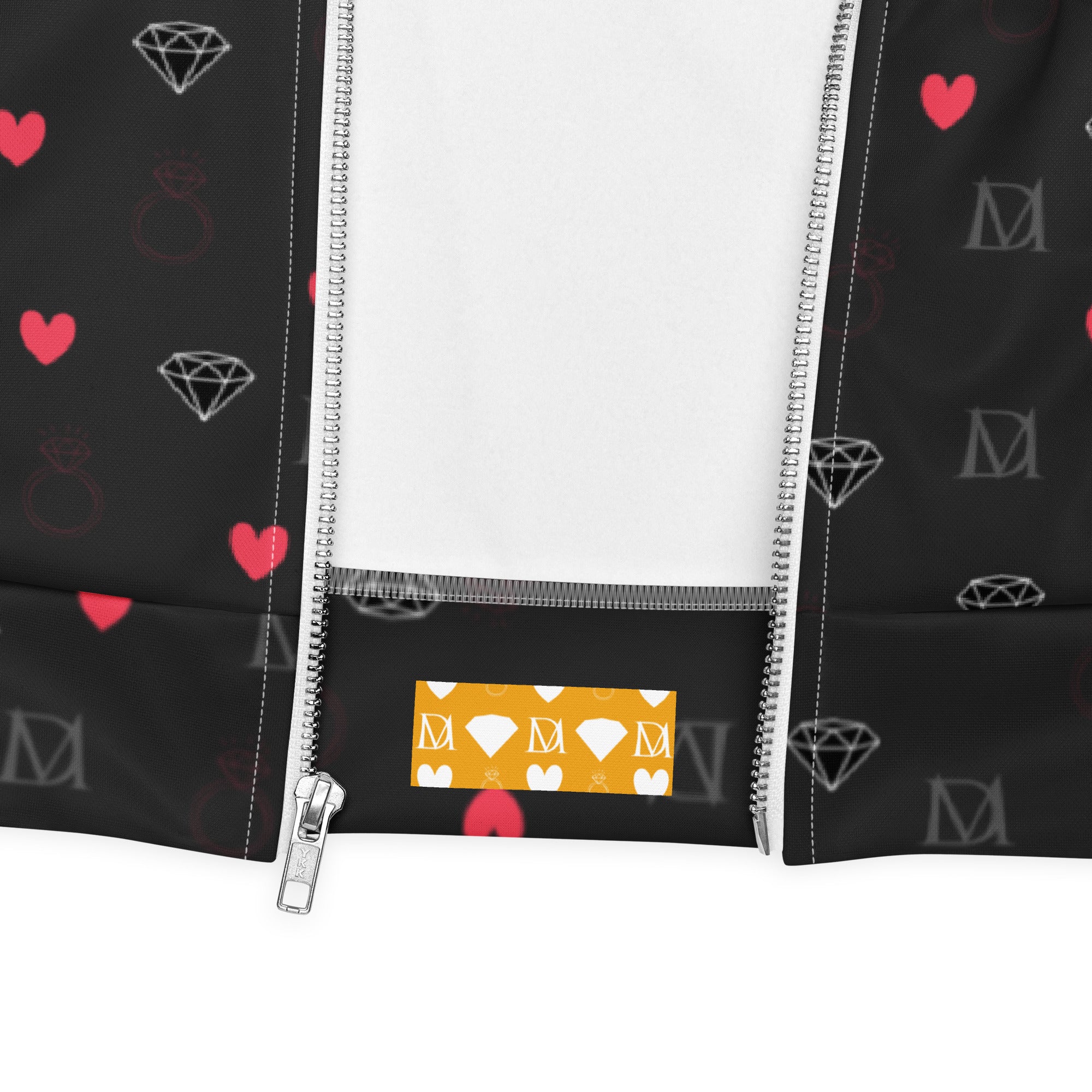 Unisex bomber jacket with speckled diamond pattern in white, featuring a stylish all-over print by Daemon Luxury.