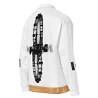 All-over print white Daemon More Love unisex bomber jacket shown from the right back side.