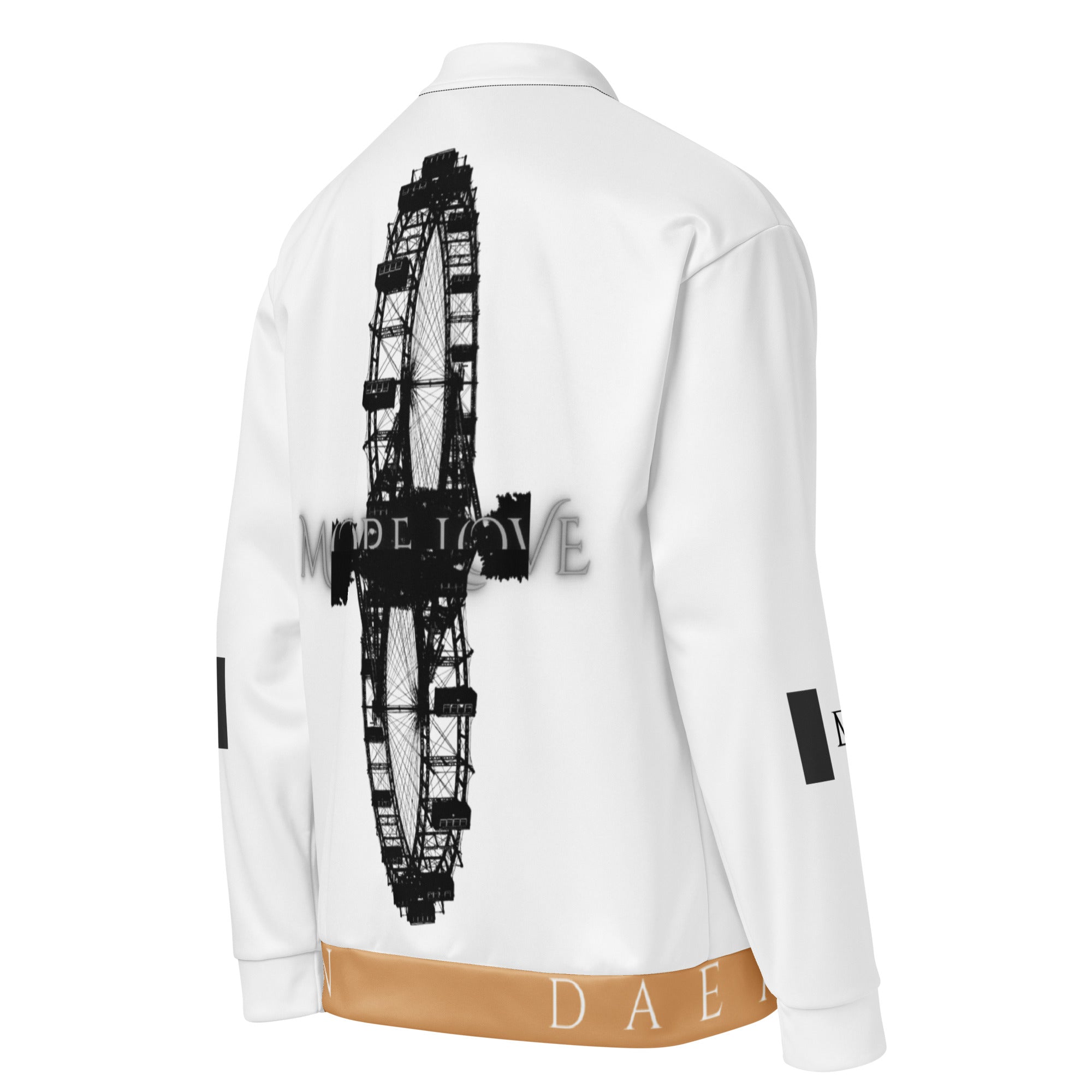 All-over print white Daemon More Love unisex bomber jacket shown from the right back side.