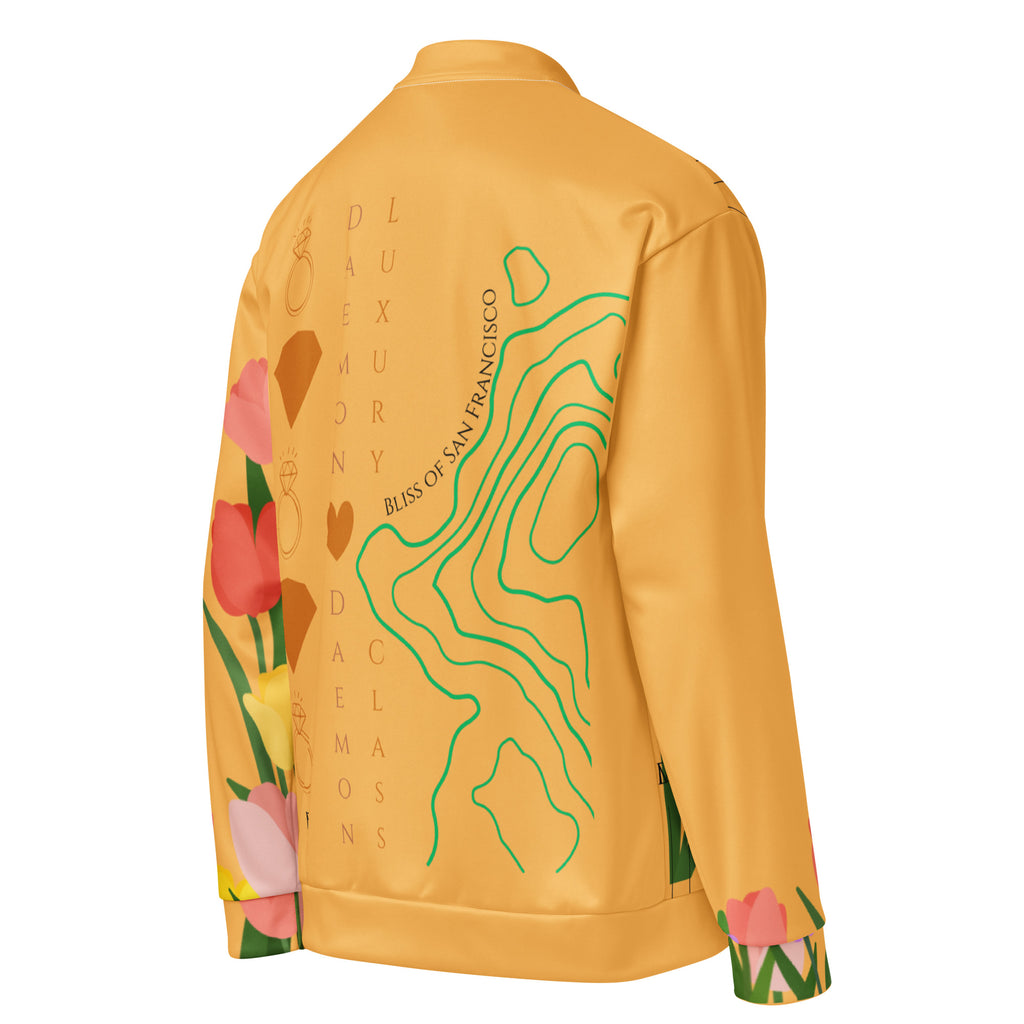 Unisex white bomber jacket featuring all-over cosmic Saint Francis Bliss Fuoco Cosmica print by Daemon, shown from the right back.