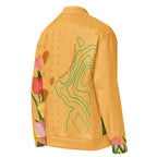 Unisex white bomber jacket featuring all-over cosmic Saint Francis Bliss Fuoco Cosmica print by Daemon, shown from the right back.