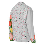 Unisex bomber jacket with speckled diamond pattern from Daemon's Nardo Gardens collection, white all-over print, right-back view.