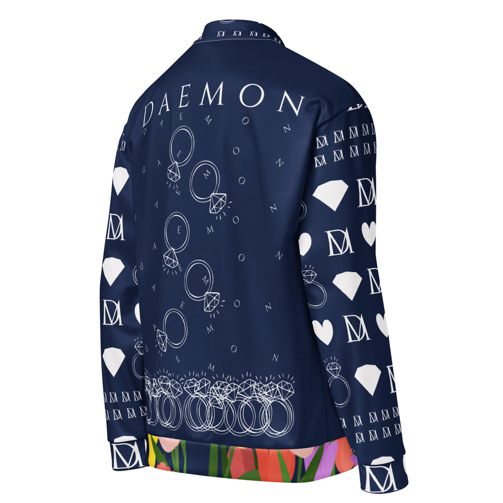 Unisex white bomber jacket featuring all-over print with Rings of Transition and Cappotto designs by Daemon, shown from the right back.
