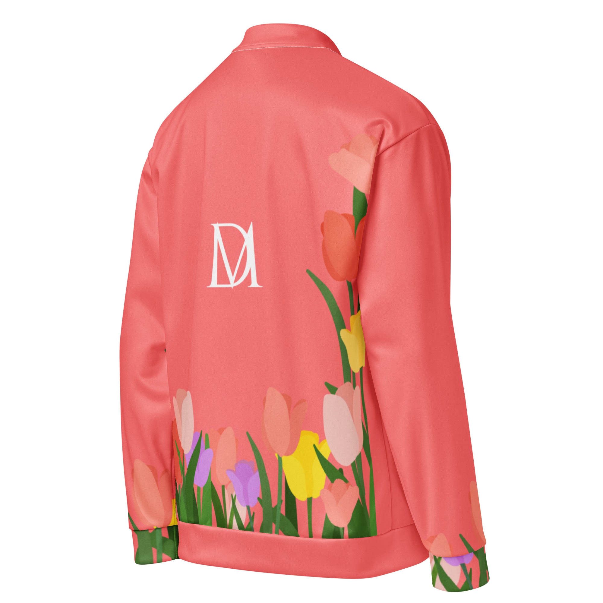 Unisex white SACHI BANS Gardena bomber jacket by Daemon with all-over print, shown from the right back side.