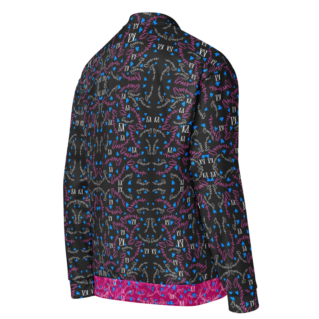 Unisex white bomber jacket with all-over Picasso Mirrors magnetic reflections design, crafted by Daemon Luxury.