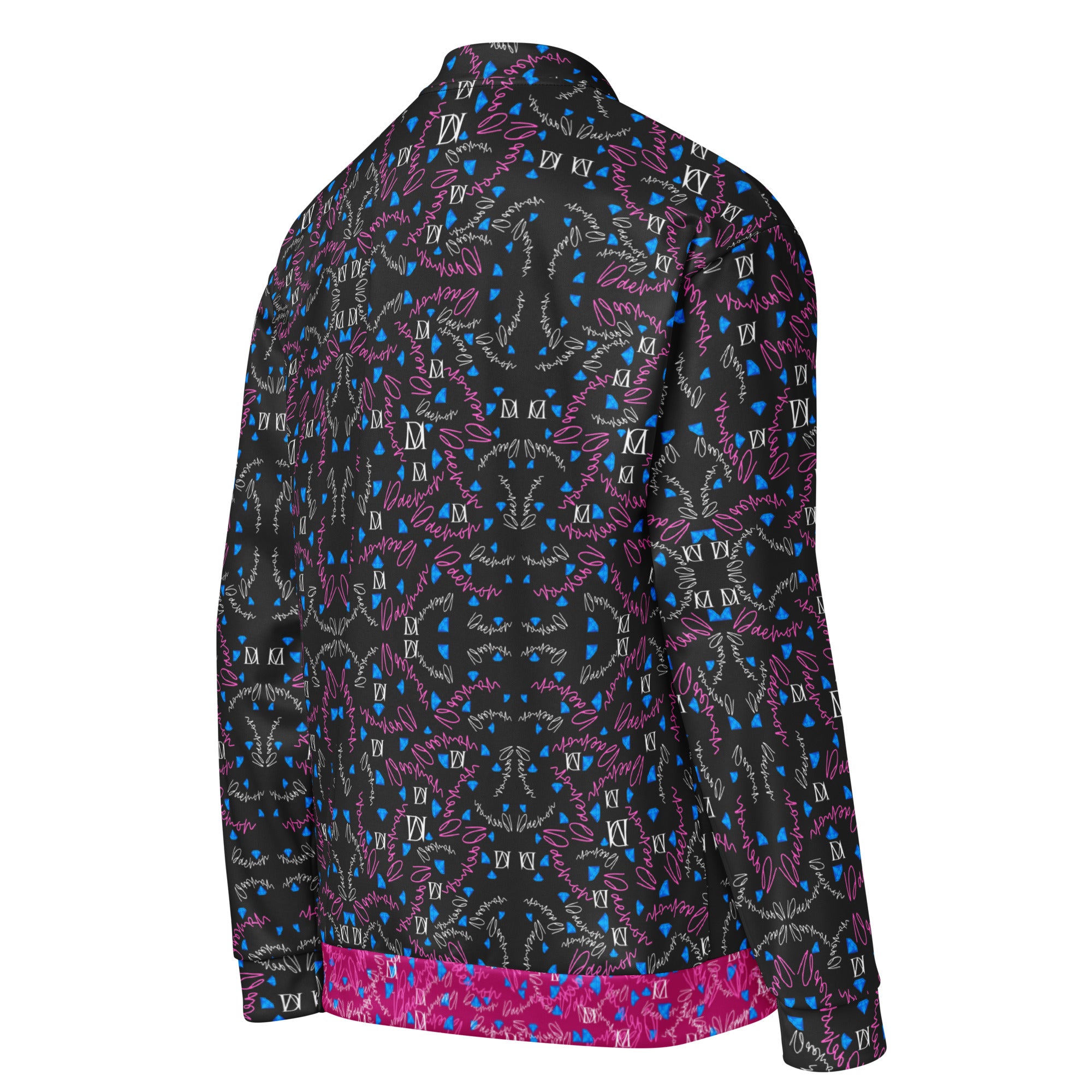 Unisex white bomber jacket with all-over Picasso Mirrors magnetic reflections design, crafted by Daemon Luxury.