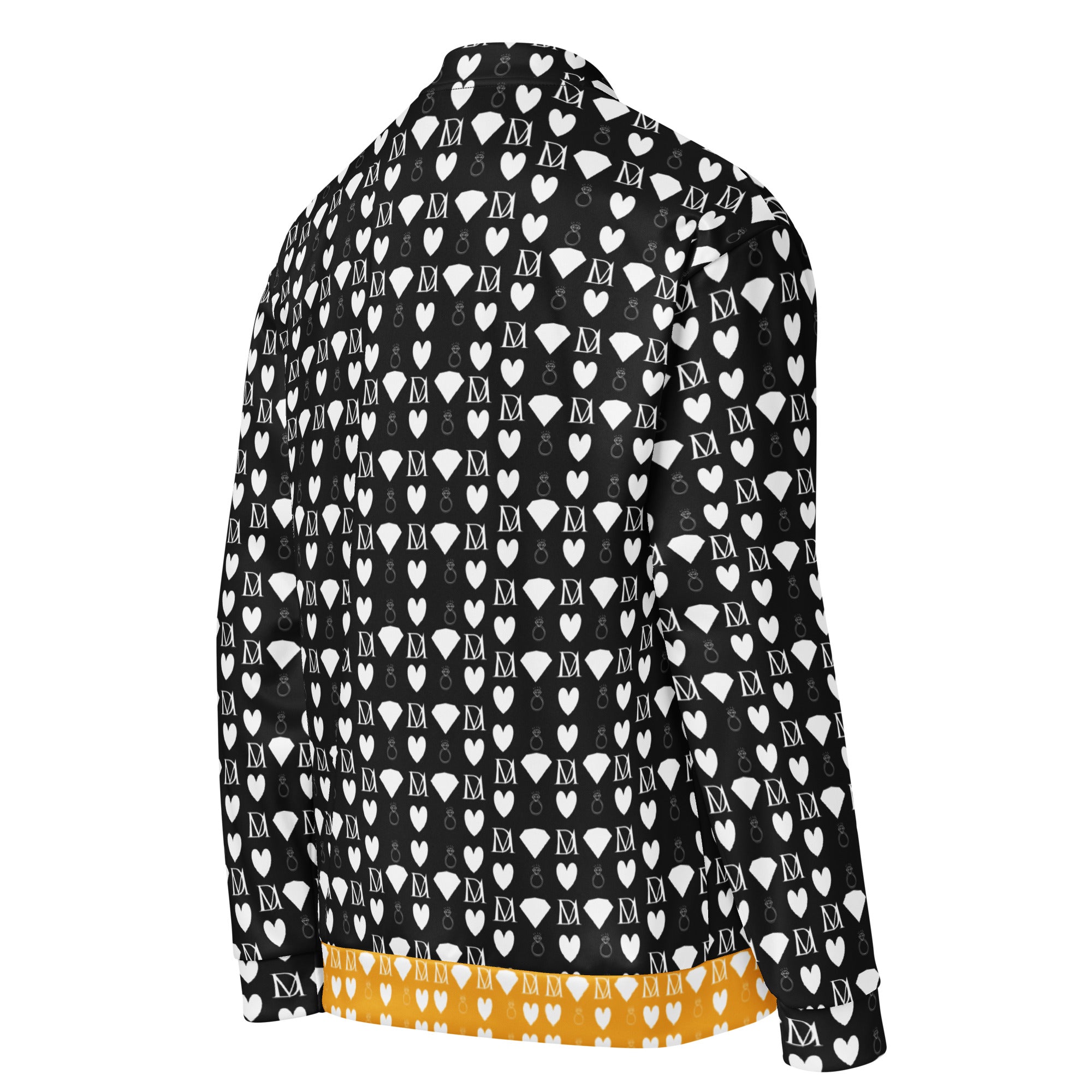 All-over print white unisex bomber jacket with frosted diamond pattern by Daemon Luxury, showing the back view.