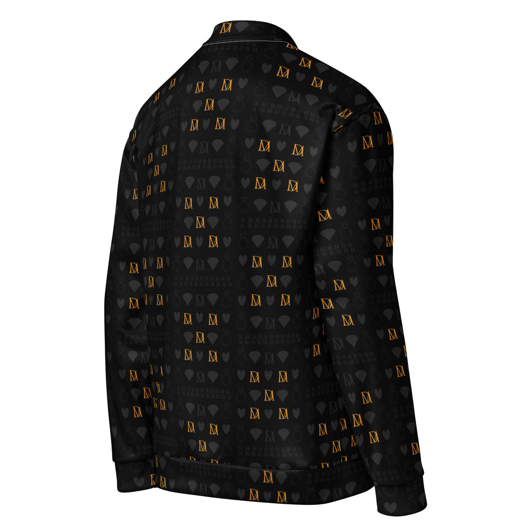 Unisex white bomber jacket with all-over frosted diamond gold tender print by Daemon Luxury, showing the right back view.