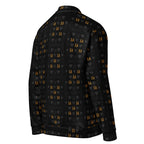 Unisex white bomber jacket with all-over frosted diamond gold tender print by Daemon Luxury, showing the right back view.