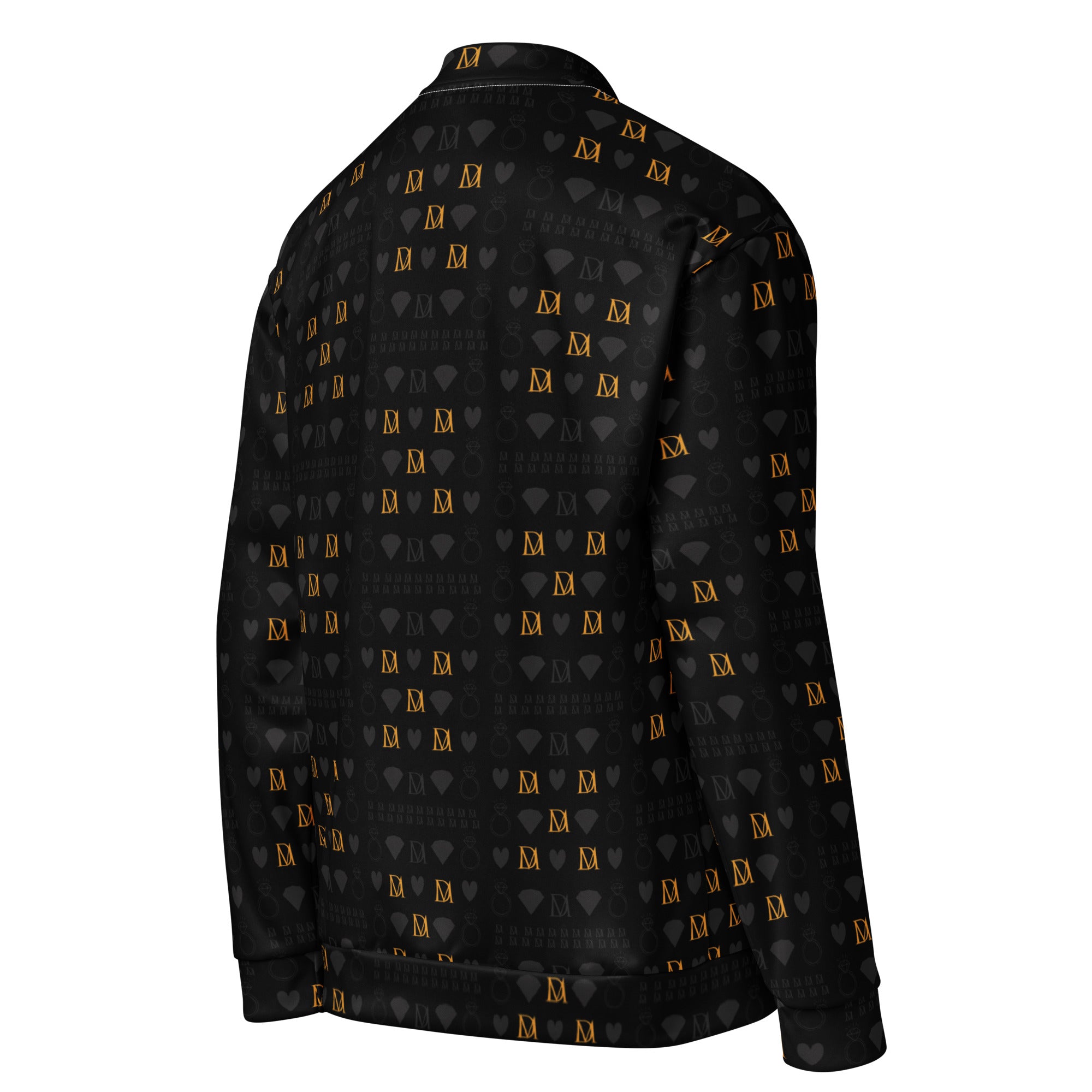 Unisex white bomber jacket with all-over frosted diamond gold tender print by Daemon Luxury, showing the right back view.